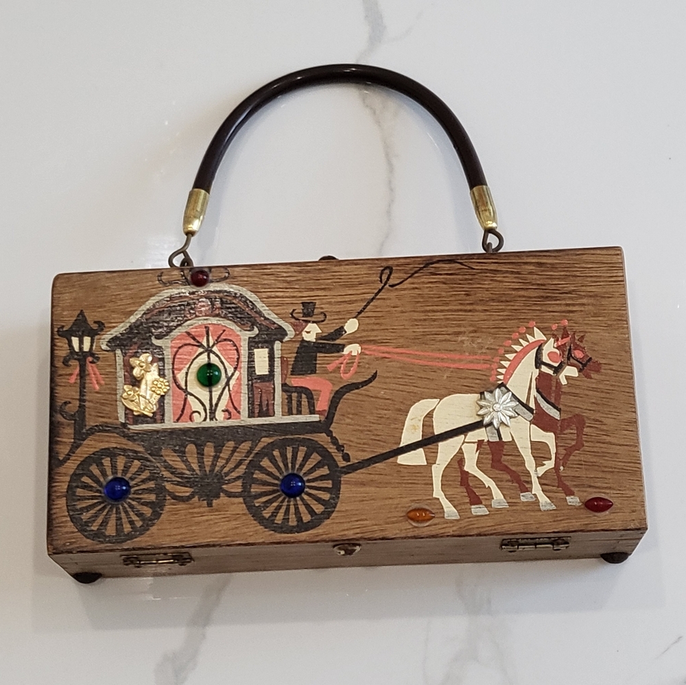 Gary Gails Vintage Wooden Handbag with Horse Carriage Design